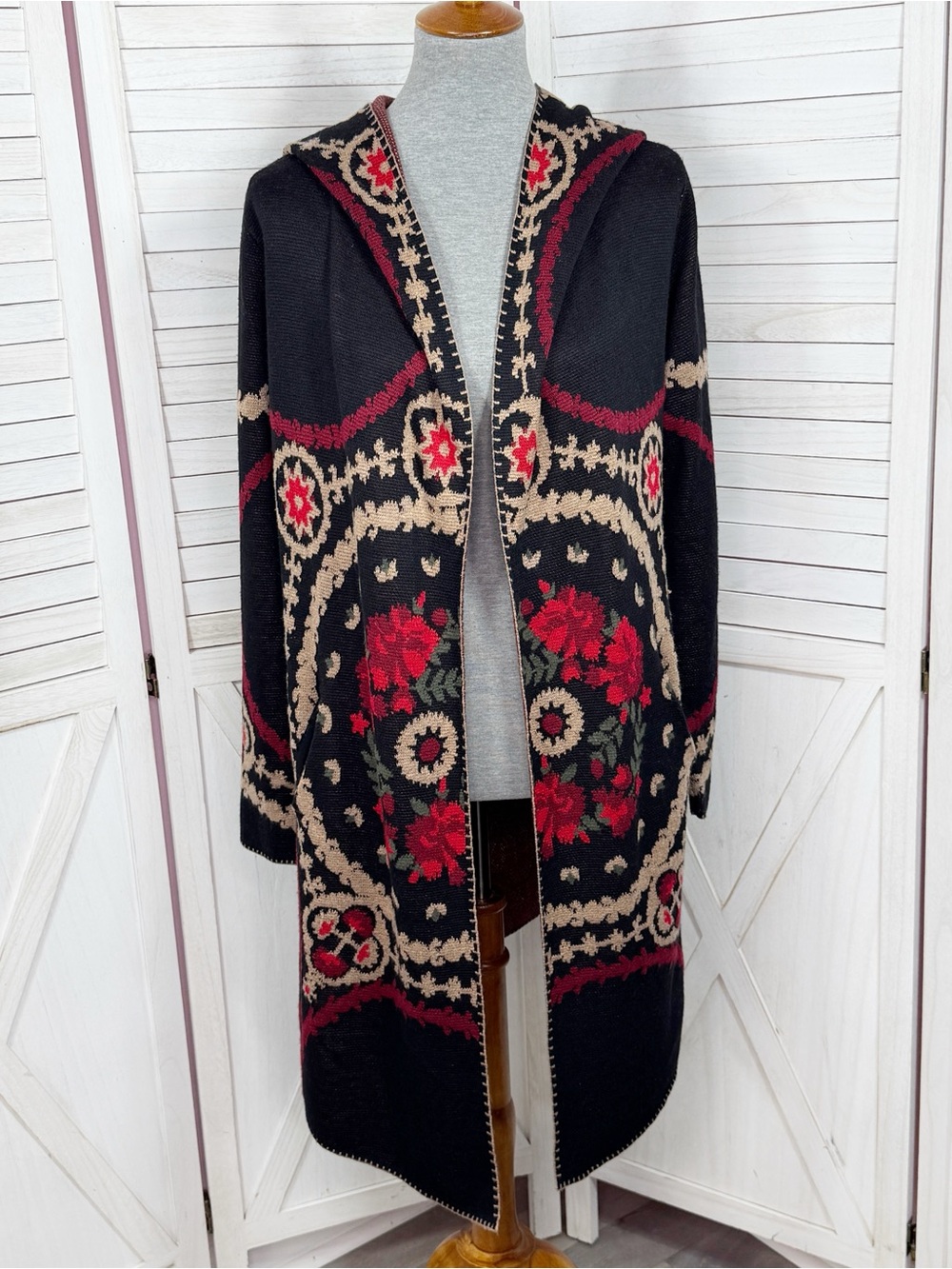 MaxSport Floral Hooded Long Cardigan Sweater Black Red Small Renaissance Boho